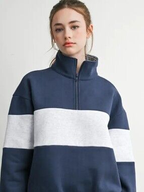 Buttermelon Womans Navy and White Quarter-Zip Stripe Sweater